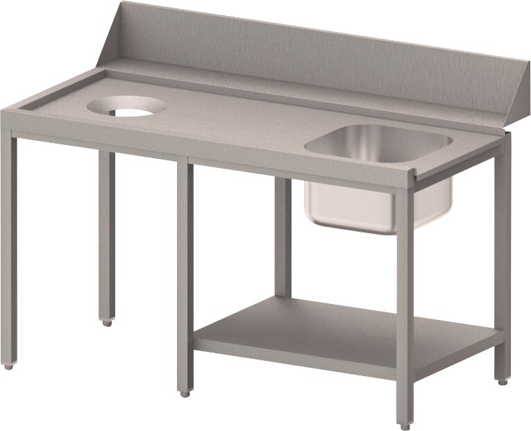 Zulauftisch links mit Becken, Ablagebord und Abwurfloch, 1400 mm